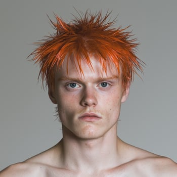 A young man with bright orange hair stares intensely at the camera photo
