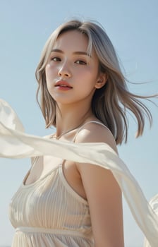 A woman with long hair and a white dress photo