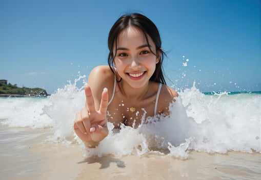 Asian woman smiling in the ocean photo
