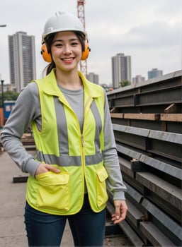 A woman wearing a safety vest and headphones photo