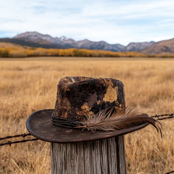 A weathered hat rests on a fence post in a rural landscape photo