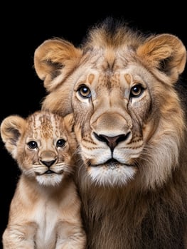 Lion and cub portrait on black background photo