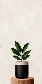 Green plant in a pot on a wooden surface against a textured wall photo