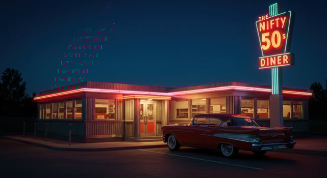 Experience a nostalgic trip to a classic 1950s diner, complete with a vintage car. photo