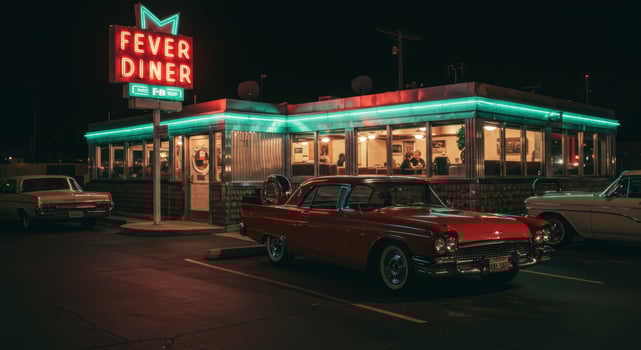 A nostalgic scene of a vintage diner at night, complete with classic cars. photo