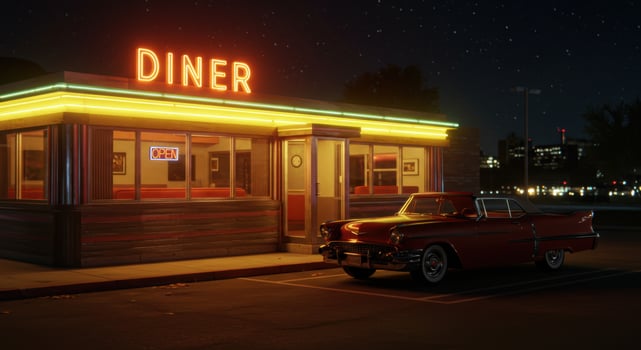 A vintage car glows under the diner's neon sign on a starlit evening. photo