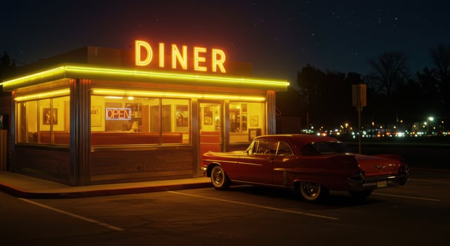 A classic red car sits parked outside an old-fashioned diner under the night sky. photo