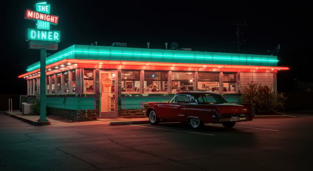 A red vintage car gleams outside the neon-lit Midnight Diner, capturing a nostalgic scene. photo