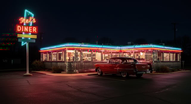 A vintage red car parked in front of a retro diner with glowing neon lights. photo
