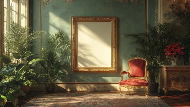 Elegant Vintage Interior with Gilded Frame and Plush Chair photo