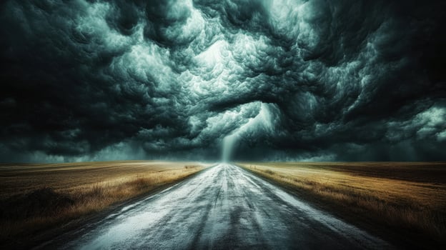 A road leading to a dark stormy sky photo