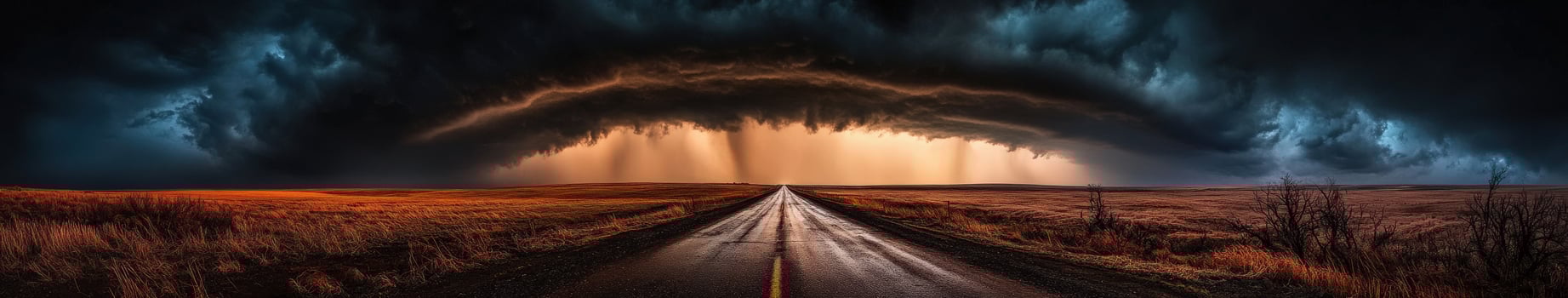 A long road with a stormy sky behind it photo