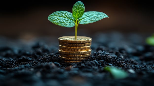 Plant Growing from Stack of Coins in Soil, Representing Financial Growth and Investment photo