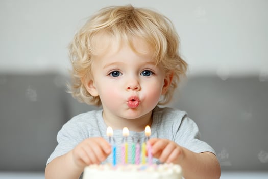 A young child blowing out candles on a birthday cake photo