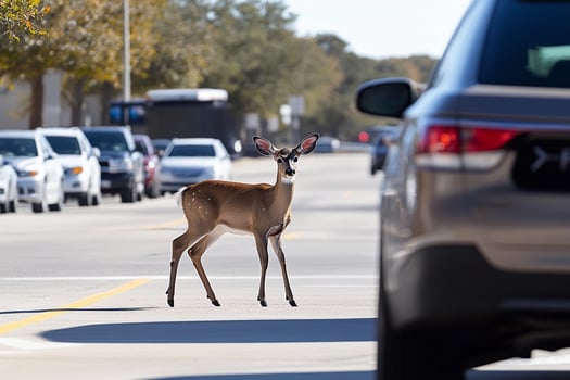 A deer is walking across the street photo