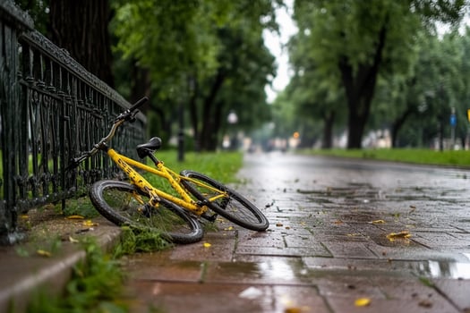 A yellow bicycle is leaning against a fence photo