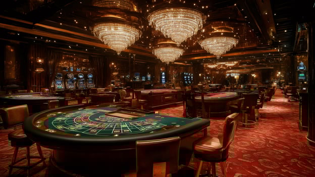 Luxurious casino interior design with roulette tables and slot machines photo