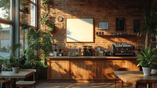 Sunlit Coffee Shop, A Tranquil Morning in a Cozy Brick Interior photo