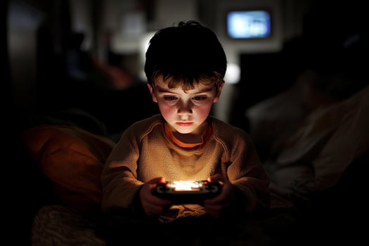 A young boy playing games in the dark photo