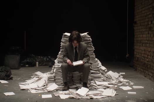 A man sitting on a pile of papers in a dark room photo