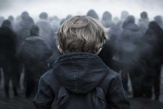A boy standing in front of a crowd of people photo