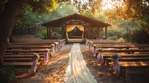 Rustic outdoor wedding ceremony. Lush forest setting, wooden gazebo, aisle, seating photo