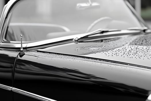 A black and white photo of a car with rain drops on it