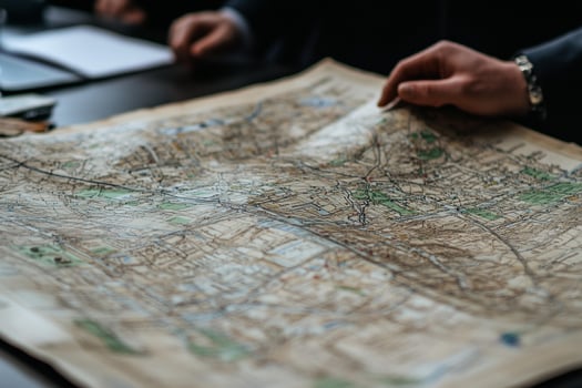 A person is pointing at a map on a table photo