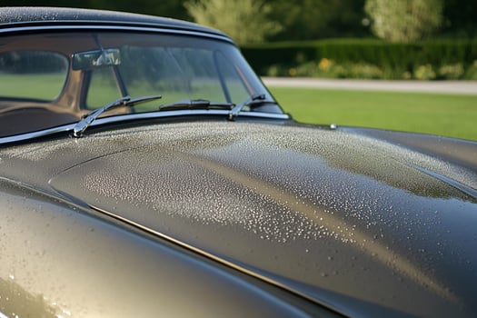A car with water droplets on the hood photo