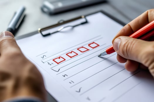 Businessman checking off completed tasks on clipboard checklist with red pen photo