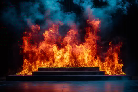 Giant flames burning over stone steps on stage with smoke photo