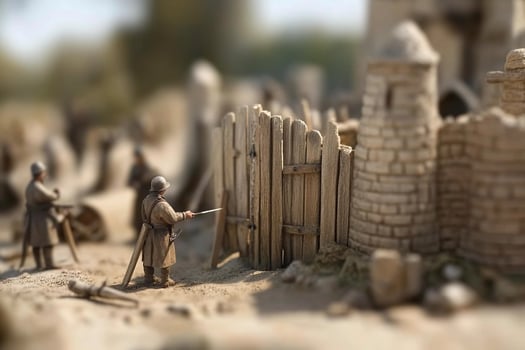 Miniature people standing in front of a wooden fence photo