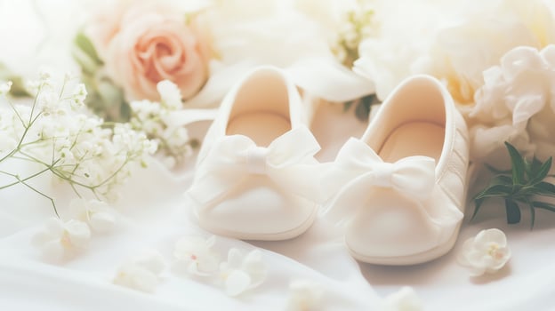 A pair of white wedding shoes with flowers photo