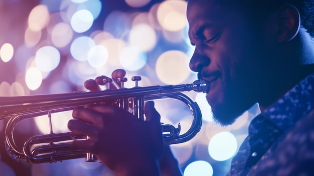 A man playing the trumpet in front of a bokeh background photo