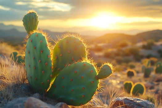 Prickly pear cactus growing in desert landscape at sunset photo