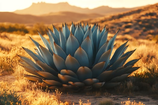 Large agave americana plant growing in dry desert landscape at sunset photo