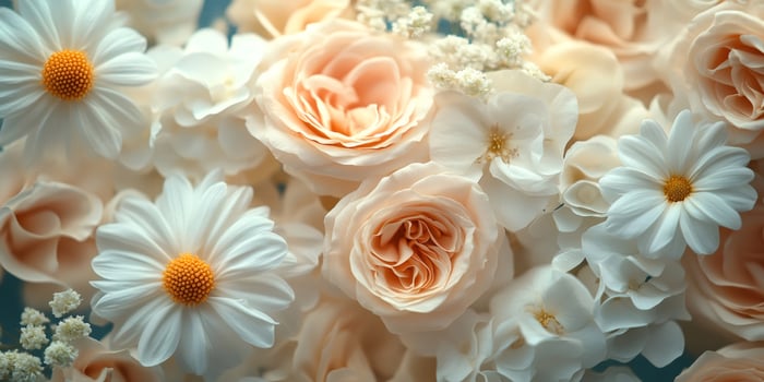 Peach roses and white daisies creating stunning floral arrangement photo