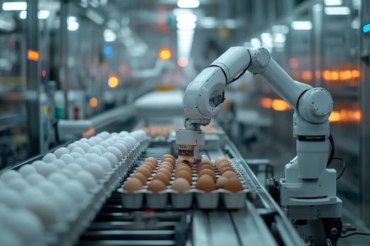 Robotic arm processing eggs in modern food processing plant photo