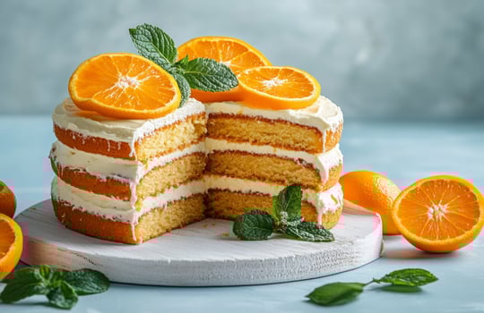 Orange Layer Cake with Cream and Fresh Orange Slices photo