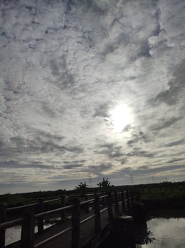 a bridge over a body of water with the sun shining through the clouds photo