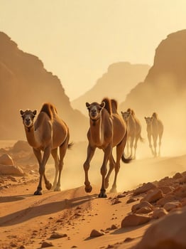 A group of camels walking through a desert landscape with rocky mountains in the background, the scene is dusty and the light is warm photo