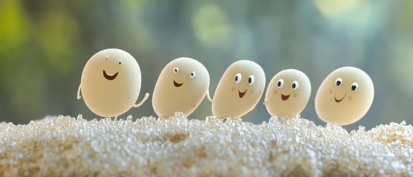 Five white eggs with faces and smiles photo