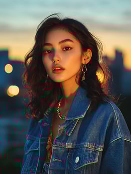 Young asian woman posing on rooftop during sunset. photo