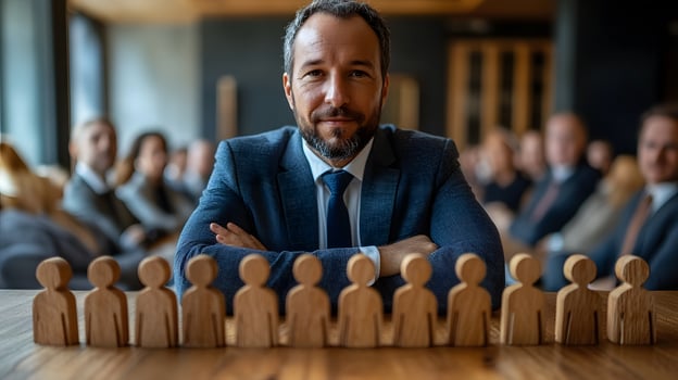 Manager securing wooden people models on table as a metaphor for business protection photo