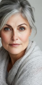 A woman with gray hair and a sweater photo