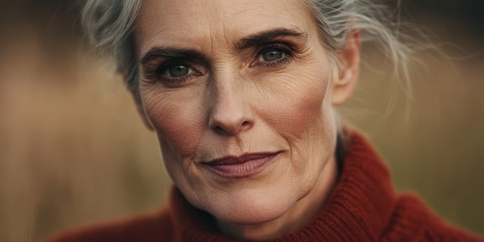 A woman with grey hair and a red sweater photo