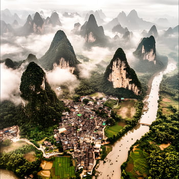 Stunning view of karst mountains and a traditional village in China, showcasing breathtaking natural scenery photo