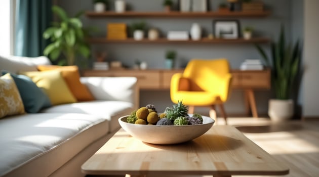 decorative bowl with succulents and yellow balls on a wooden coffee table in a sunlit living room photo