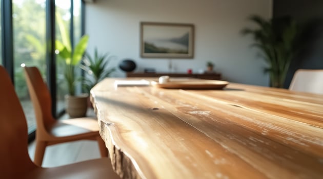 sunlit live-edge wooden table in a modern interior photo