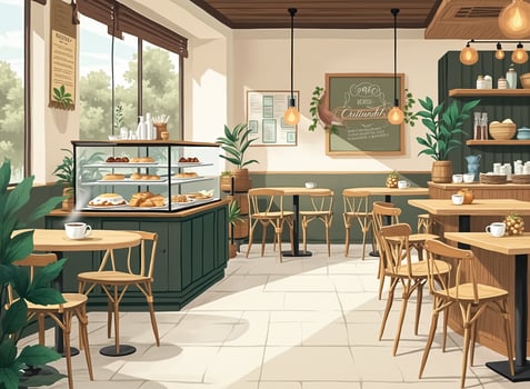 sunlit bakery cafe interior with wooden chairs and tables showcasing freshly baked pastries photo